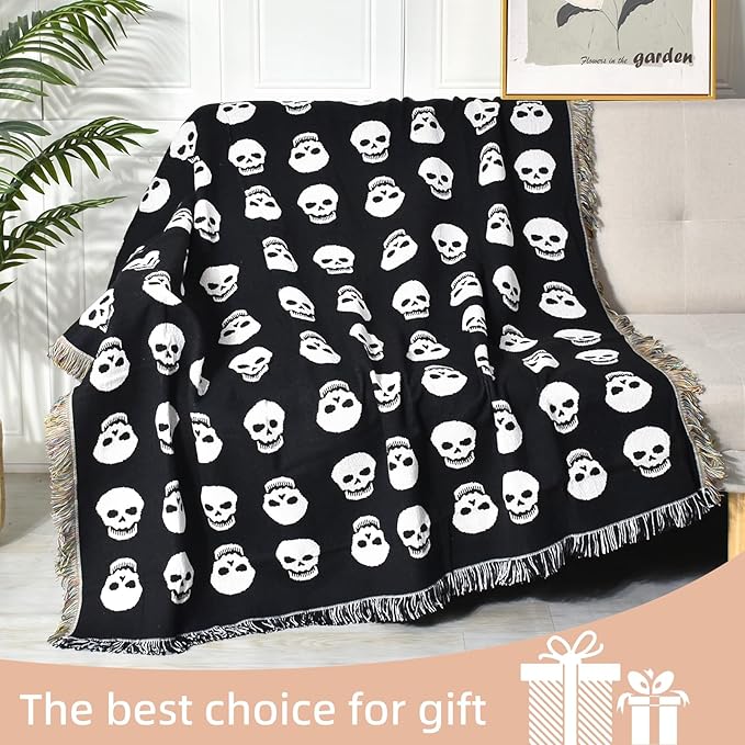 Boho Throw Blanket Reversible Cotton Bohemian Tapestry Hippie Room Decor Double Sided (Boho Skull Print Black 50"x60")