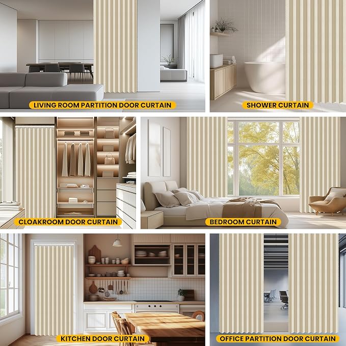 AJAZZ Set: Curtain Rods No Drilling (38-53" W Adjustable Range) & Accordion Door Curtain, Cream White 53W×78" L, Accordion Doors for Closet Doorway Room Divider