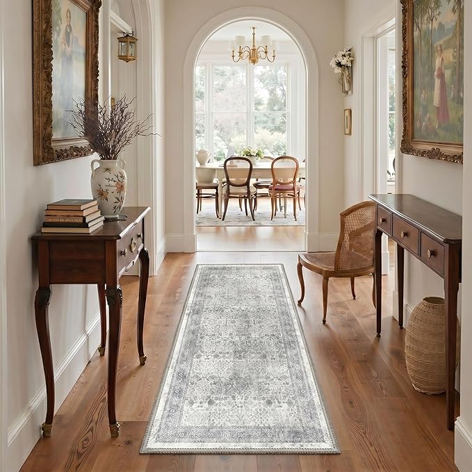 Bavni 2x8 Rug Runners for Hallways, Washable Runner Rug Non Slip,Vintage Floral Print Style Rugs for Bedroom-Lightweight Low Pile Carpet for Hallways Bathroom, Grey Floral
