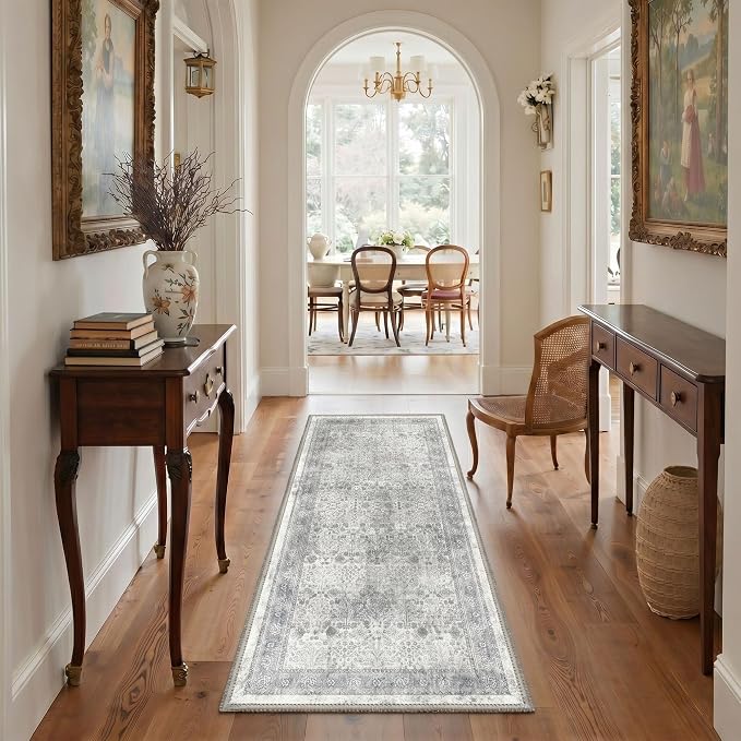 Bavni Washable Rugs 5x7 Machine Washable Rug Lightweight Low Pile, Vintage Floral Rug Non-Shedding Distressed Throw Carpet for Living Room Bedroom Office, Grey