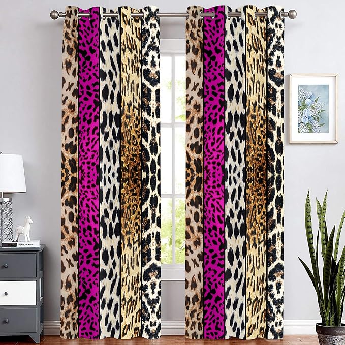 Wild Animal Print Curtain, Room Darkening Thermal Insulated Blackout Leopard Boa Window Drapes with Grommets for Living, Dining, Bedroom, Hot Pink Leopard Print, 52"x 90", 2 Panels