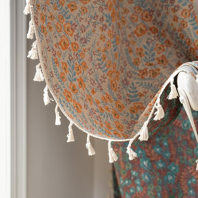 ENJOYBRIDAL Orange Floral Curtains 96 Inch Long Boho Light Filtering Drapes Vintage Jacquard Rod Pocket Semi Sheer Window Curtain Panels Bedroom Living Room Tassel 2 Panels Set Window Treatments