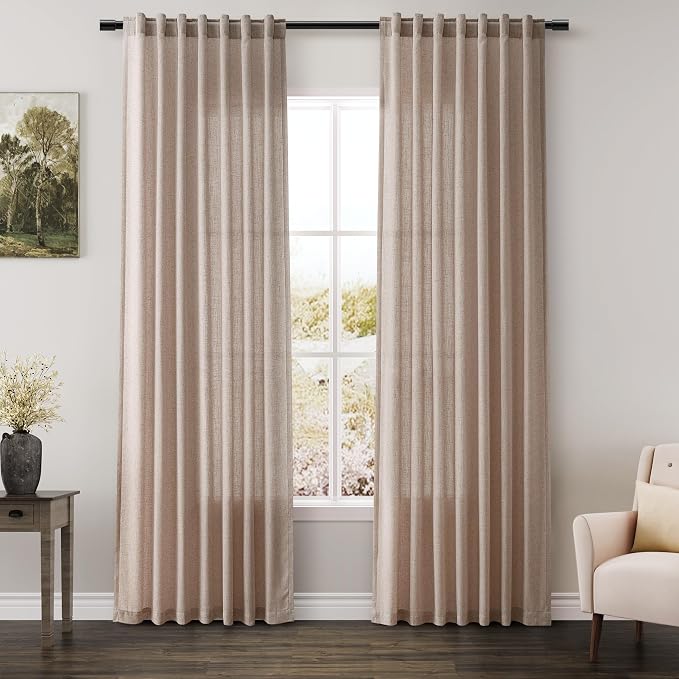 Nanspring Oatmeal Curtains 80 Inches Length for Living Room Back Tab Rod Pocket Semi Sheer Linen Privacy Drapes Muted Neutral Boho Linen Textured Window Curtain for Dining Room Bedroom 52X80 Inch
