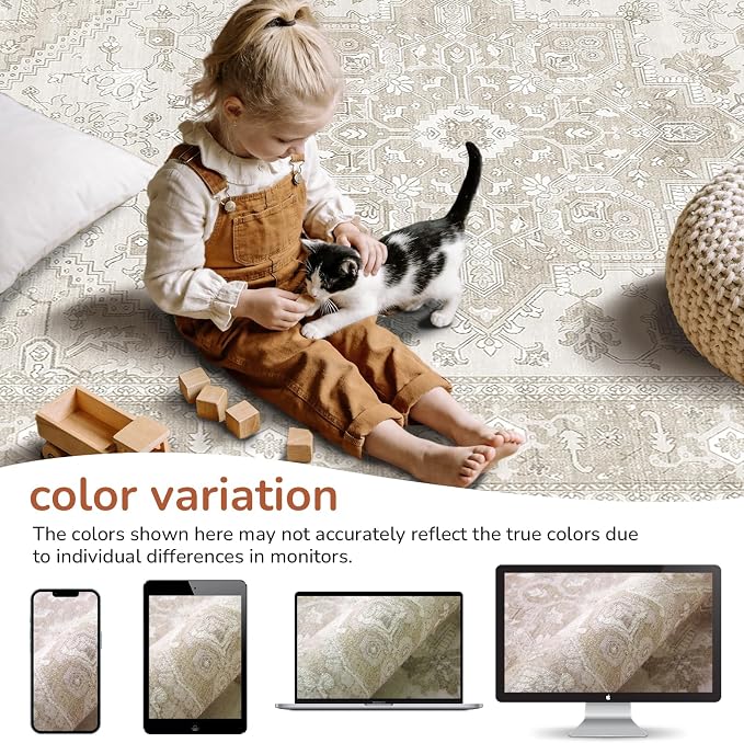 OPPODREAM Soft Round Rug 6ft, Play Room Rug, Washable Circle Rug 6ft with Non Slip Backing, Small Low-Pile Area Rugs 6 ft, Faux Cashmere Throw Carpet, Beige