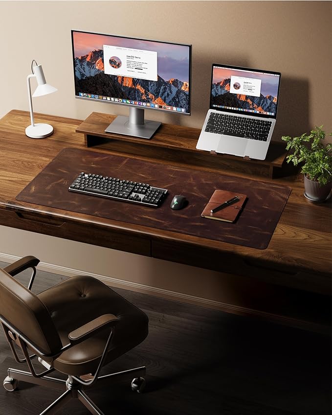 YSAGi Leather Desk Mat, 35.4"x17"Real Leather Desk Pad,2mm Thick Desk Blotter with Stiched line,Oil-Wax Feel Mouse pad and Self-Healing Laptop Pad for Home & Office(Classic Dark Brown)