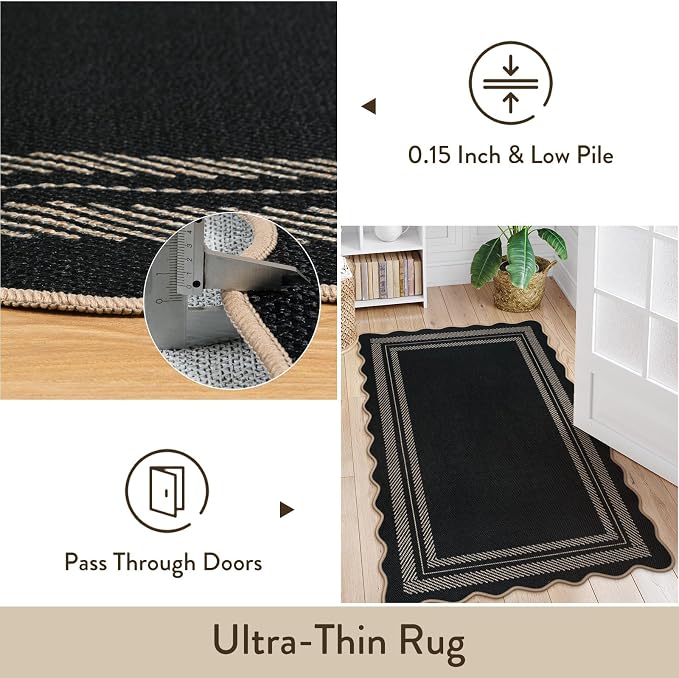 LIVEBOX Scalloped 2x6 Kitchen Runner Rug, Easy Jute Black Rugs for Entryway Hallway, Indoor Outdoor Washable Non Slip Rug Farmhouse Modern Carpet Door Mat for Porch Bedroom Laundry Room 6ft Entry