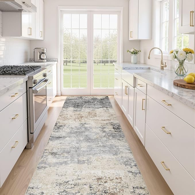 Runner Rug Kitchen Washable Rugs: 3x8 Non-Slip Abstract Soft Modern Stain Resistant Indoor Floor Neutral Accent Throw Carpet for Hallway Bathroom Laundry Room Entryway Bedroom- Grey Brown