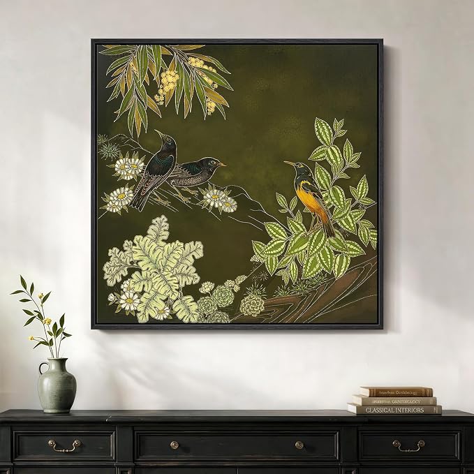 Framed Green Wall Art, Vintage Botanical Flower Bird Nature Canvas Prints Paintings for Walls, Rustic Olive Green Square Pictures Wall Decor for Living Room Bedroom Dining Room Bathroom, 24x24 In
