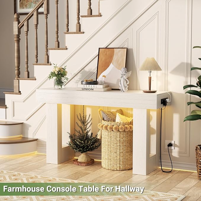 Unikito 47" Entryway Table with Socket and Sensor Light, Narrow Console Table with Storage Behind Couch, Farmhouse Entry Way Tables with Open Storage for Entrance/Hallway/Living Room, Rustic White