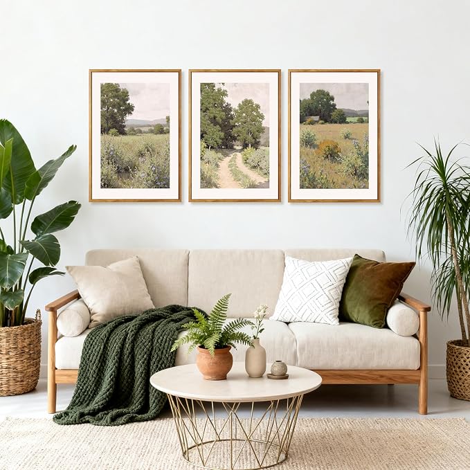 CHDITB Farmhouse Countryside Framed Canvas Wall Art, Rustic Nature Landscape Wall Decor, Vintage Pastoral Scenery Painting, Rural Meadow Path Artwork for Living Room, Bedroom, Office 24"x36"x3