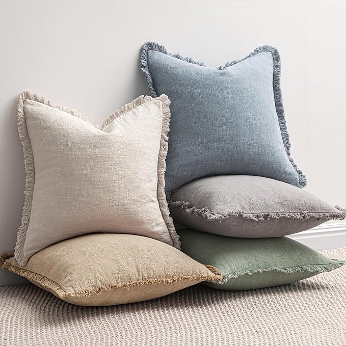 MIULEE Decorative Throw Pillow Covers Neutral Linen Fringe Throw Pillows Euro Shams Set of 2 Light Blue Boho Farmhouse Cushion Covers for Couch Sofa Bed Living Room Spring Home Decor 22x22 Inch