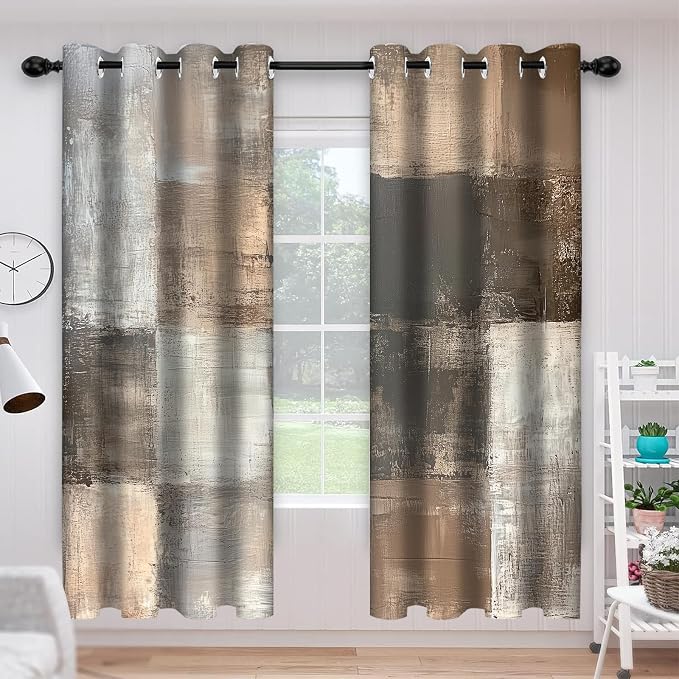 Brown Grey Blackout Curtain, Rustic Gray Abstract Window Drapes for Living Room Bedroom Decor Room Darkening Window Curtains Treatments, 2 Panels 52x84 Inch