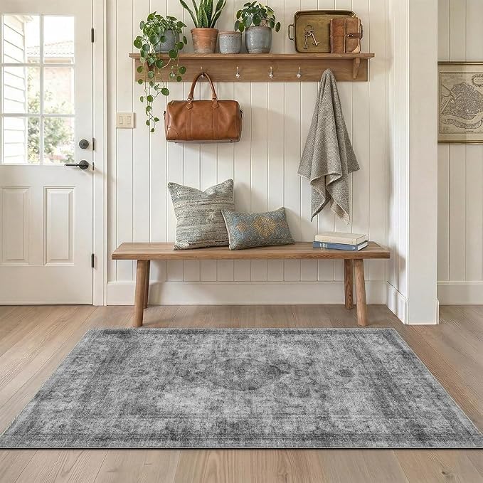 2x3 Rug for Entryway Hallway-Vintage Farmhouse Boho Floral Neutral Washable Stain Resistant Indoor Rugs for Home Decor(Ashen Black)