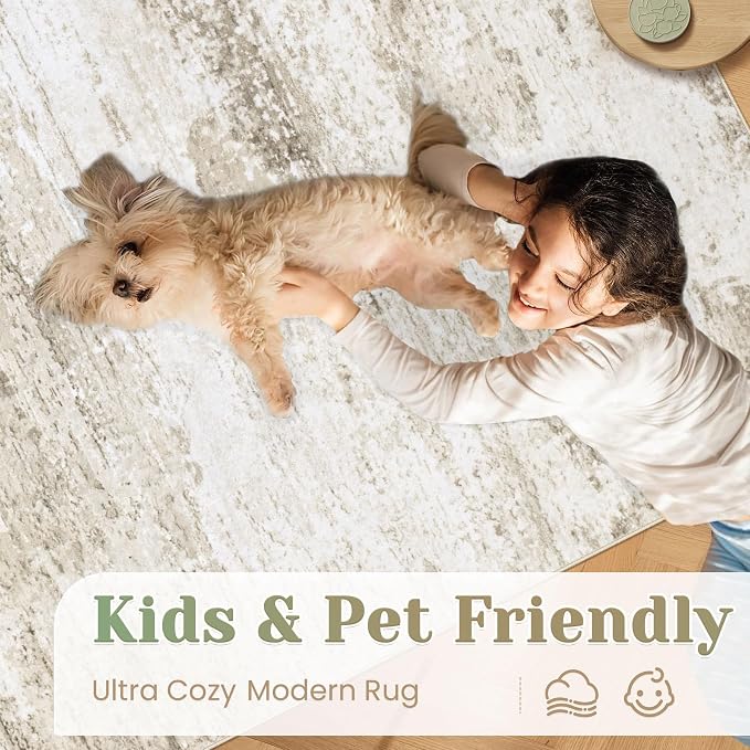 Washable Rug 10x14 Area Rugs for Living Room: Large Neutral Soft Rug Abstract Non Slip Low Pile Modern Carpet for Bedroom Kitchen Nursery Office Dining Room Indoor (Beige, 10'x14')
