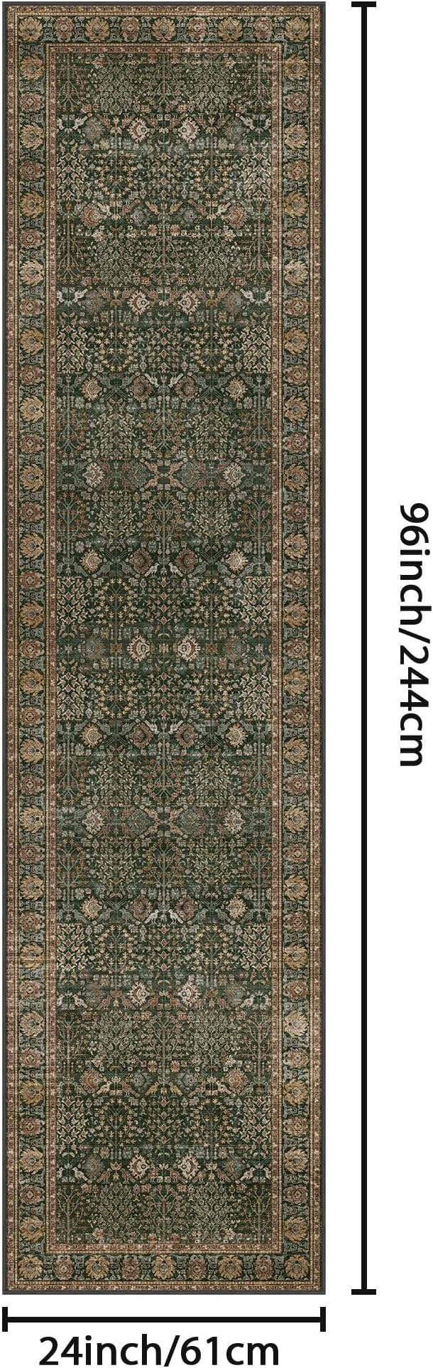 Bavni Washable Rug Runners for Hallways-Vintage Runner Rug 2x8 Low Pile Floral Rugs, Non-Slip Indoor Throw Carpet for Living Room Bedroom Kitchen, Dark Green/Multi