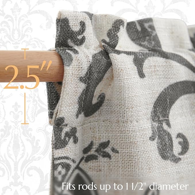 jinchan Linen Valance Curtain for Kitchen Vintage Damask Floral Blackout Valance Double Layer Gray Small Window Curtain for Living Room Bedroom Bathroom 18 Inch Rod Pocket 1 Panel Grey on Beige