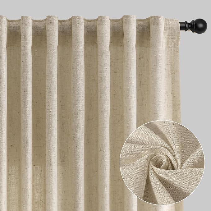 Aersas Eggshell Beige Linen Curtains 120 Inches Length for Living Room Flax Texture Wave Fabric Semi Sheer with Rod Pocket Back Tab for Bedroom Balcony Light Filtering Neutral Home Decor 52x120