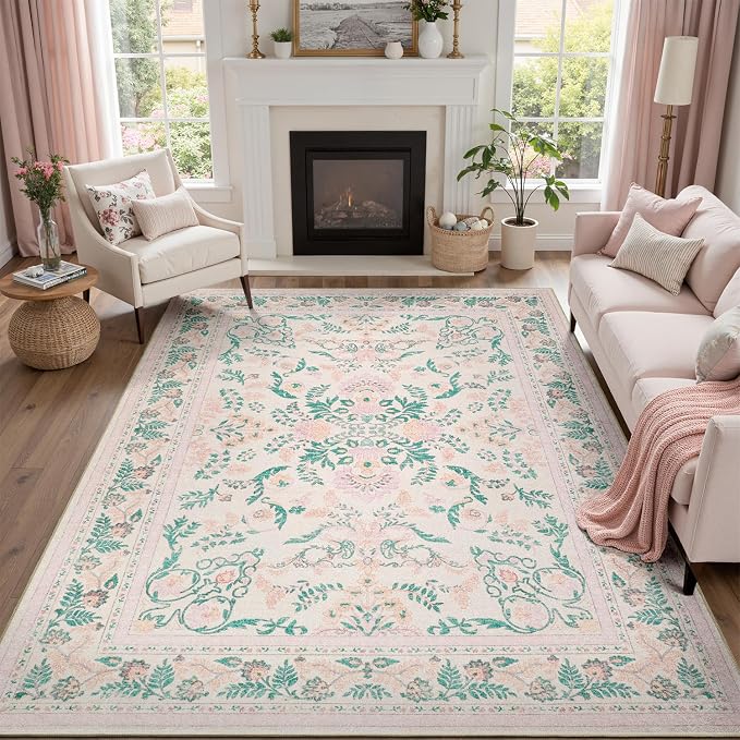 DCX 8x10 Pink Rug, Floral Rug for Girl’s Bedroom, Cute Soft Low Pile Non Slip Stain Resistant Machine Washable Indoor Décor, Kid & Pet Friendly Nursery Carpet for Living Room, Dorm, Playroom