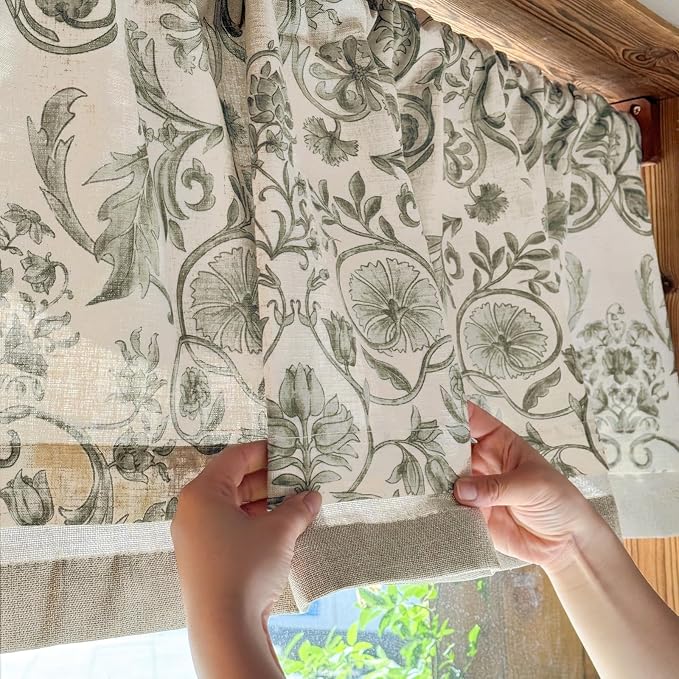 jinchan Linen Valance Kitchen Curtain Pack of 2 Double Layer 18 Inch for Living Room Bedroom Window Treatment Light Filtering Vintage Farmhouse Cottagecore Rod Pocket 2 Panels Green on Beige