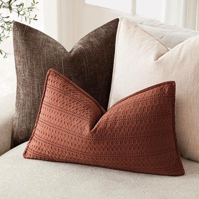 Foindtower Set of 2 Decorative Cotton Waffle Weave Lumbar Throw Pillow Covers Euro Shams Cushion Covers Accent Pillowcase for Bed Couch Sofa Bedroom Living Room Home Decor 12×20 Inch Fall Rust Orange