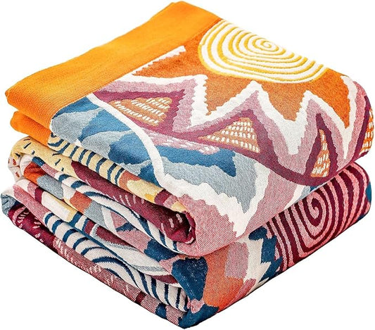 King Throw Blanket for Bed 100% Cotton Boho Oversized Soft Cozy Muslin Quilt Blanket Double Embroider Sun, Vintage Farmhouse Cottage Woven All Season Blankets for Bedding Couch,90"×98"
