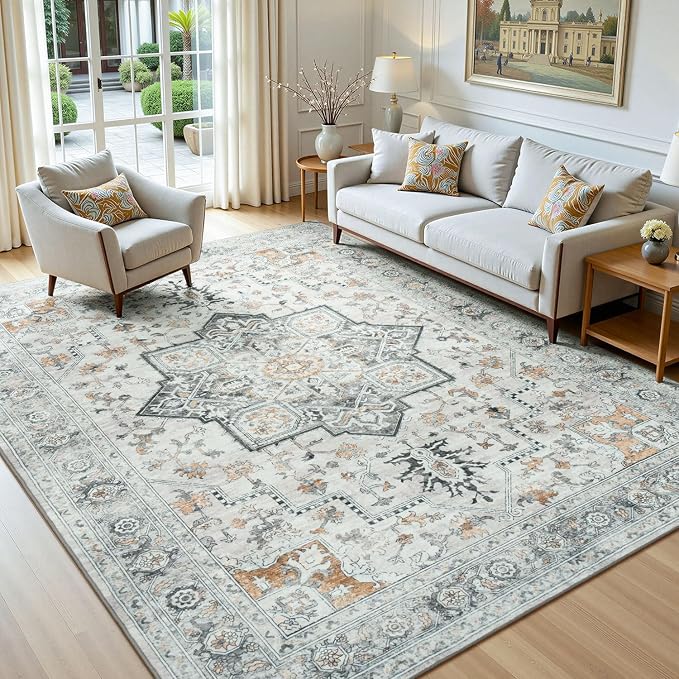 Lofus 5x7 Washable Rugs Non-Slip, Vintage Floral Area Rug for Living Room Bedroom Dining Room Kitchen, Low Pile Distress Print Carpet Home Decor Rug, Octagram Medallion Grey Beige