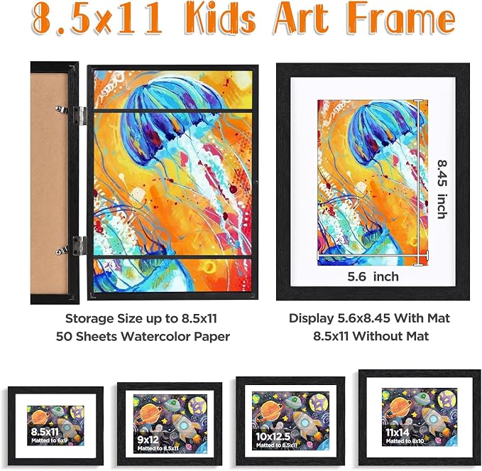 KINLINK 8.5x11 Kids Art Frame 2 Pack, Solid Wood Artwork Frames Changeable, Front Opening Hold 150 Pictures, Art Frames for Kids Artwork, 6x9 with Mat 8.5x11 without Mat, Picture Frames Black