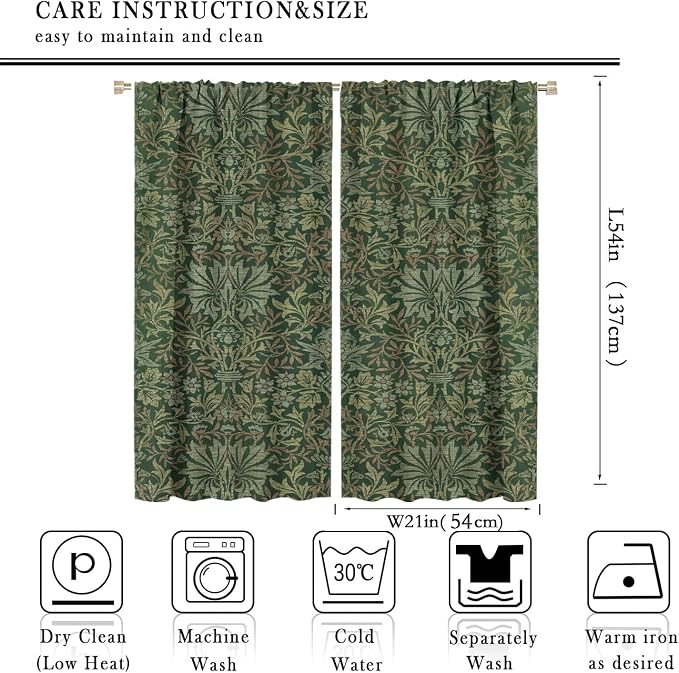 Bohemia Art Blackout Window Curtains, William Morris Original Design Green Garden Vintage Curtains, for Living Room Bedroom 21(W)*54(L) 2 Panels