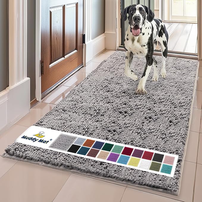 Muddy Mat® | Super Water Absorbent Door Mat Indoor, Microfiber Quick Dry Chenille Entryway Rug, Slip Resistant Front Door Mat, Indoor Mats for Entryway, Machine Washable Pet Rug, Grey 24"x96"