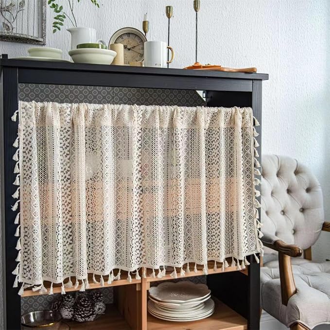 Sutuo Home Beige Boho Lace Short Curtain 36 inch Length for Kitchen Window Curtains Over Sink,Farmhouse Crochet Bohemian Valance Semi Sheer Vintage Chic Handmade Tassels, Rod Pocket,1 Panel 59" W