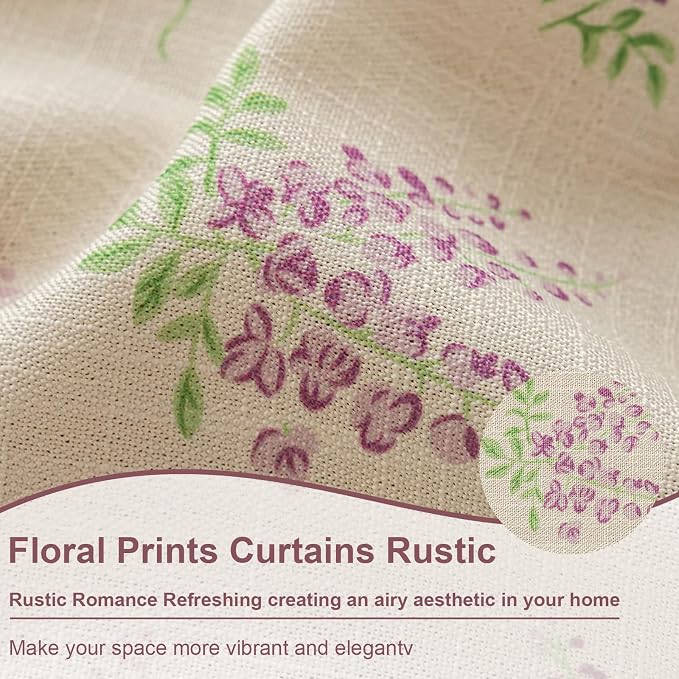OYX Purple Floral Curtains 84 Inch Length Linen Farmhouse Curtain Rod Pocket Drapes for Living Room Bedroom Light Filtering Vintage Curtains, 2 Panels
