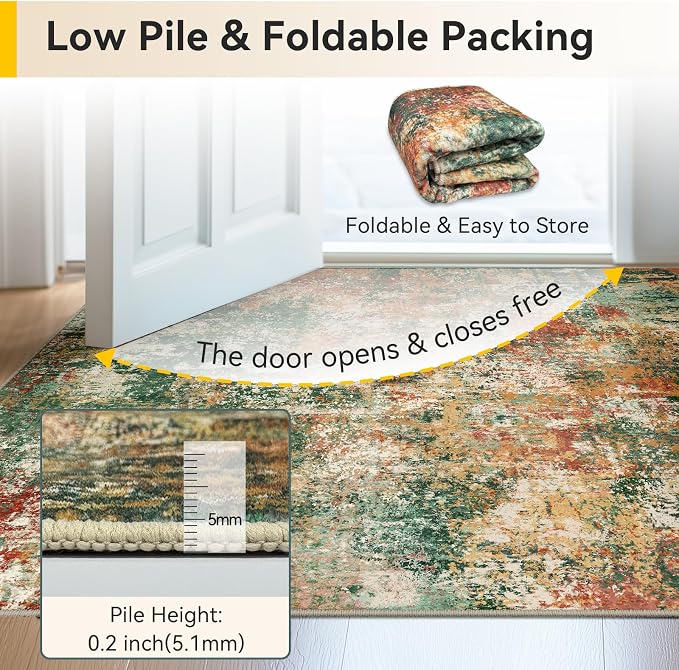RELEANY Washable Area Rugs 10'x14 Non-Slip Modern Abstract Soft for Living Room Entryway Bedroom Kitchen, Print Pattern, Green Orange Rust Red Cream Colorful