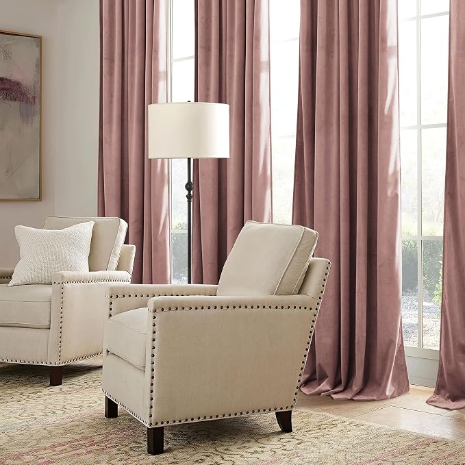 RYB HOME Dusty Pink Velvet Curtains for Bedroom Living Room, Thermal Insulated Privacy UV Heat Blocking Luxurious Drapes for Nursery Dining Room, 52"W x 108"L, 2 Panels, Rod Pocket/Back Tab/Hook Belt