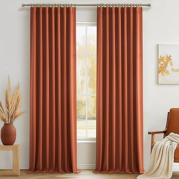 Fall Burnt Orange Curtains Blackout Extra Long 120 Inches 2 Panels Set,Terracotta Autumn Color Decor Retro for Living Room/Bedroom Antique Copper Rust Boho 70s Large Window Pleated Linen Drapes