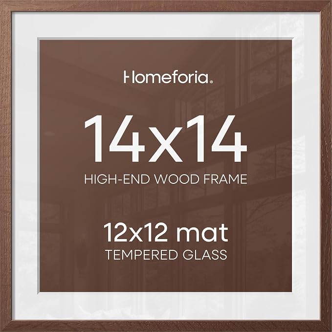 Homeforia 14x14 Picture Frame Brown, High End Dark Oak 14 x 14 Square Wood Frame with Mat 12 x 12 for Photo, 14by14 Wooden Walnut Poster Frame Matted to 12x12 Print, Tempered Glass, Wall Kit, Set of 3
