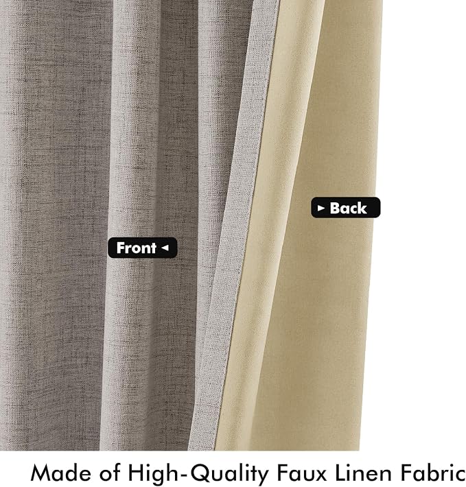 MIULEE 100% Blackout Linen Curtains for Bedroom, Greige Solid Luxury Decor Thermal Insulation Room Darkening Drapes for Living Room Back Tab Rod Pocket 42 x 63 Inches, 2 Panels