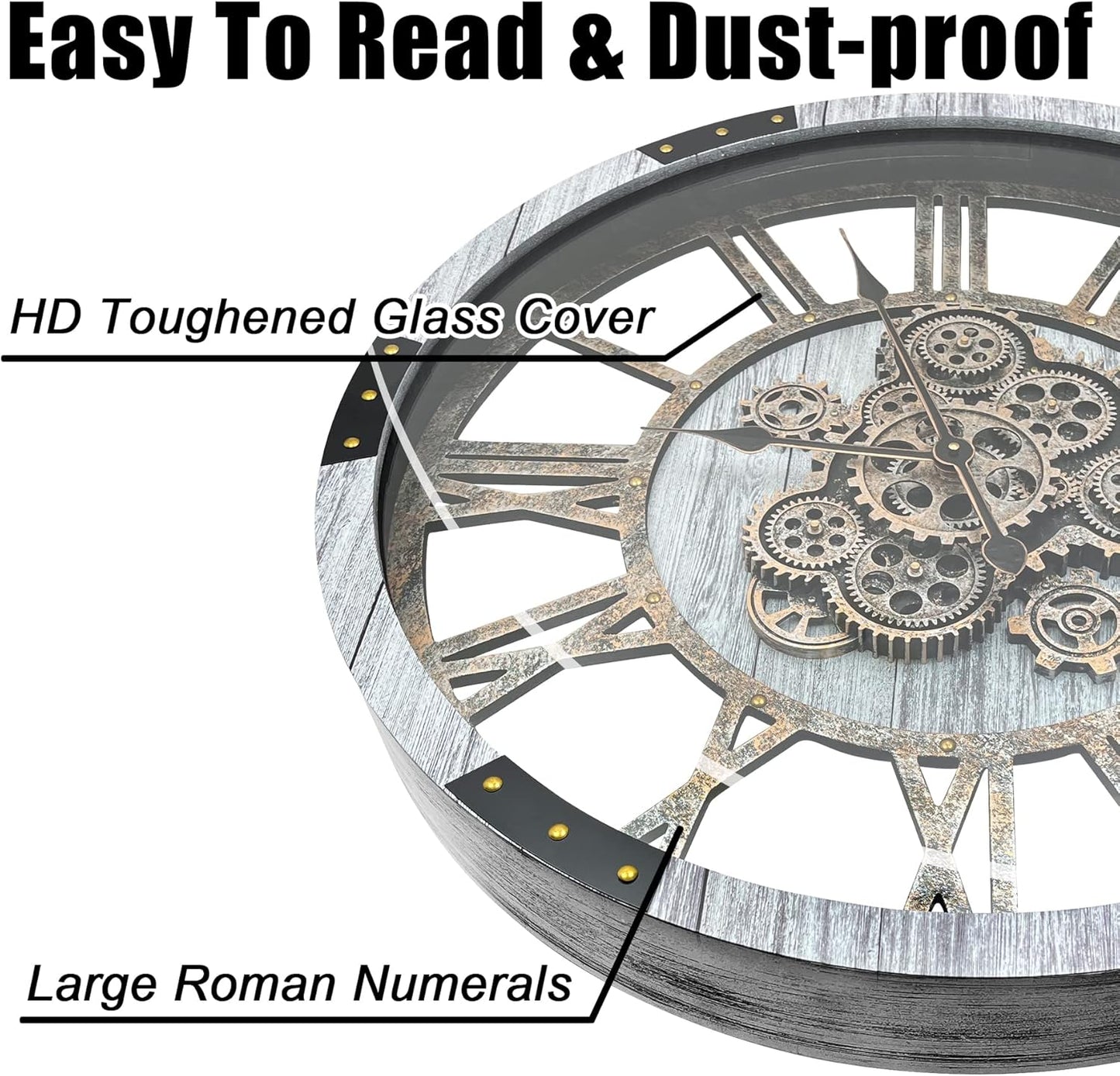 DORBOKER 27" Original Moving Gears Wall Clock, Large Industrial Wall Clock for Living Room Decor, Retro Metal Solid Wood Vintage Farmhouse Steampunk Rustic Clocks for Wall Decor,Silver Grey