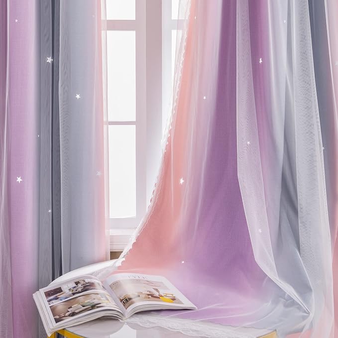 XiDi Dream Star Blackout Curtains for Kids Rooms Girl Princess Curtain for Daughter Bedroom Window (Grey Pink Purple, W34 X L72)