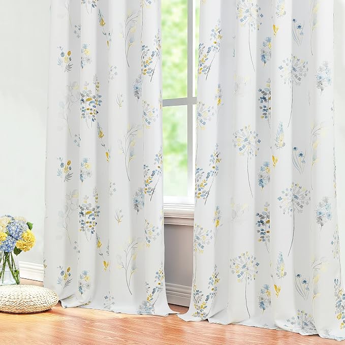 XTMYI Yellow and Blue Floral Spring Curtains for Living Room, Pretty Ditsy Flower Printed Drapes, Summer Decorative Patterned Semi Blackout Window Panels for Sunroom Sliding Glass Door, 52" W x 84" L