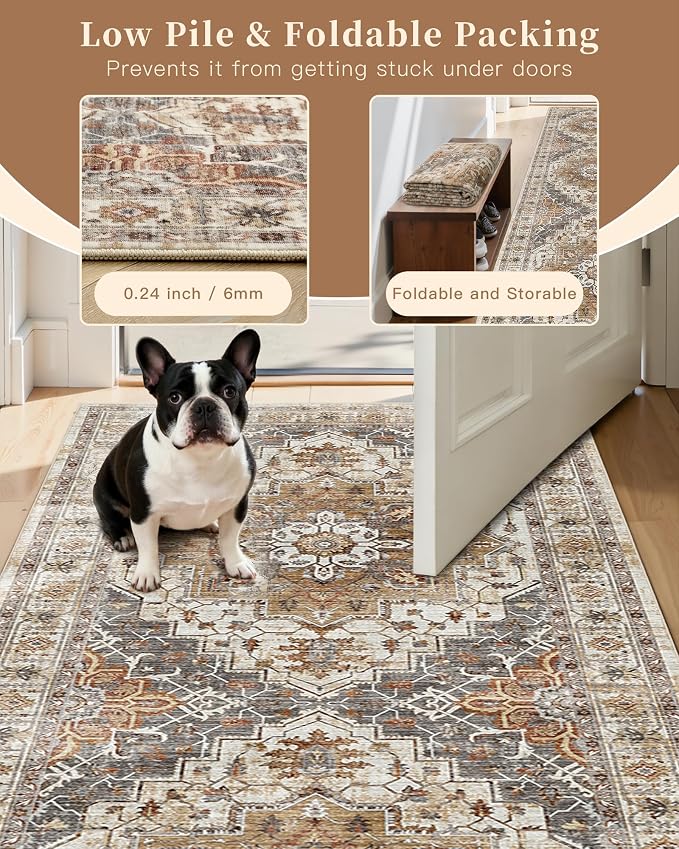 Madane Area Rug 3x5, Washable Vintage Entryway Rugs for Bedroom Non Slip Indoor Kitchen Runner for Living Room Laundry Room Playroom Soft Non-Slip Floor Carpets, Turmeric/Grey