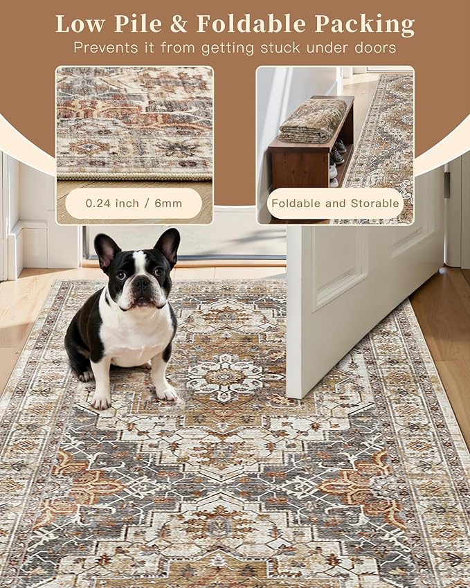 Madane Hallway Runner Rug 2'6''x12', Non Slip Vintage 12ft Runners for Hallways Washable Kitchen Rugs Soft Low Pile 2.5x12 ft Rug Runner for Laundry Room, Entryway and Bedroom, Turmeric/Grey