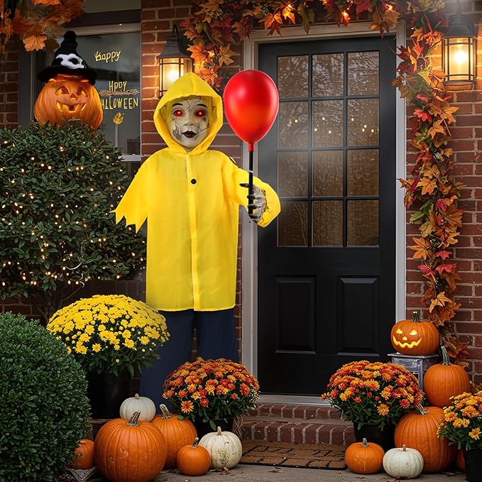 Halloween Decorations Outdoor - 4 Ft Life Size Halloween Animatronics Prop with Sound & Touch Activated Sensor and Light Up Balloon - Spooky Scary Decor for Home Indoor Garden Lawn Yard Grave Party