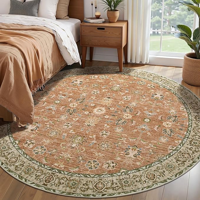 Tangsoo Vintage Round Rug 5ft Washable Circle Rug, Non Slip Boho Round Area Rug, Low Pile Floral Circular Rugs, Machine Washable Round Carpet for Bedroom,Living Room,Bedsides,Dorm,Office(Terracotta)