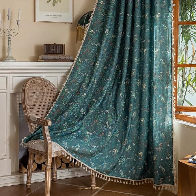 OYX Boho Floral Curtains 63 Inch, Linen Farmhouse Flower Drapes with Lace & Tassels, Light Filtering Semi Sheer Curtains for Living Room Bedroom, 2 Panels