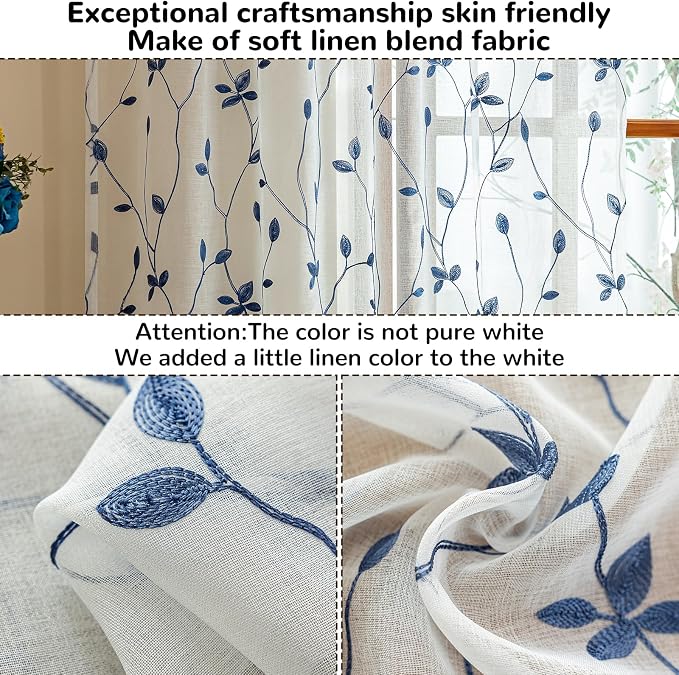 AmHoo 2 Panels Embroidered Leaf Pattern Semi Sheer Curtains Foliage Floral Voile Window Draperies Treatment for Bedroom Living Room Rod Pocket White Blue Lolite 53 x 63 Inch