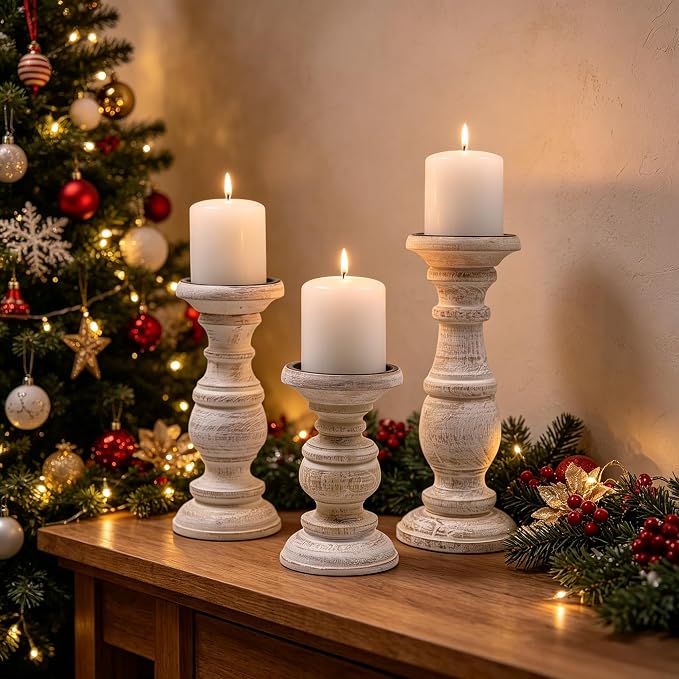 Hosley Set of 3 Whitewashed Wooden Pillar Candle Holders – 10”, 8”, and 6” Heights – Ideal for LED and Pillar Candles, Weddings, Parties, Home Décor, Spa, Reiki, and Aromatherapy