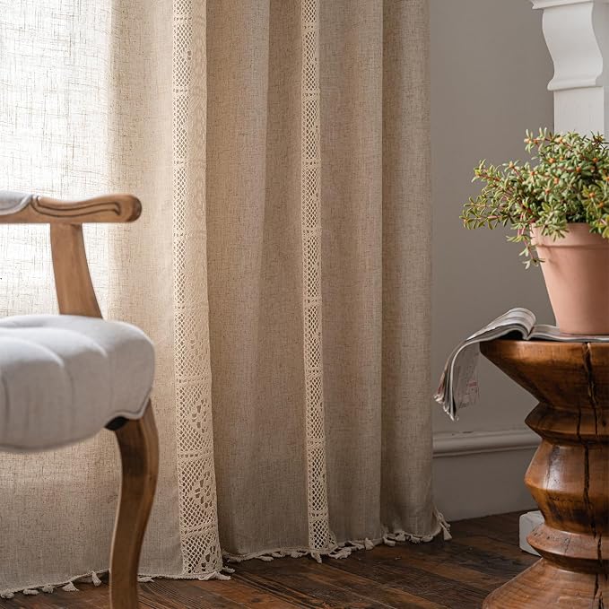 OYX Boho Curtains 63 Inch Crochet Lace Patchwork Light Filtering Bohemian Handmade Tassels, Rod Pocket Window Treatment Vintage Rustic Farmhouse Curtain for Kitchen Bathroom, 2 Panel, Beige