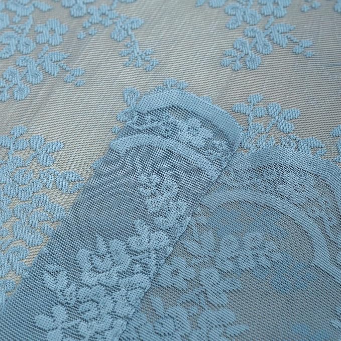 YJ YANJUN Vintage Lace Curtains 54 Inch Length for Bathroom - Slate Blue Floral Kitchen Short Sheer Panels with Scalloped Edge Boho Coatal Small Window Treatments Rod Pocket W52 X L54 2 Panles Denim