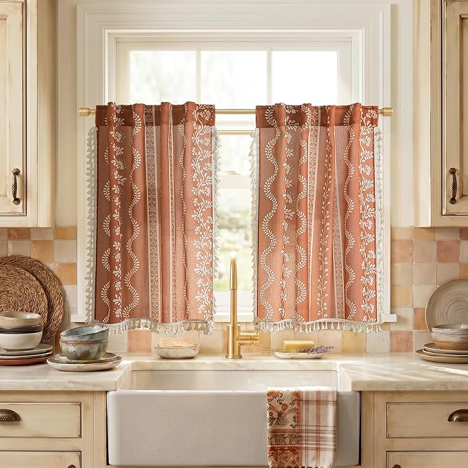 Lino Rosa Boho Cafe Curtains for Kitchen Window Over Sink, 36 Inch Length Vintage Floral Rustic Farmhouse Sheer Half Tiers for Bathroom Bedroom Cabinet Oven Skirt, 24x36, Rust Red