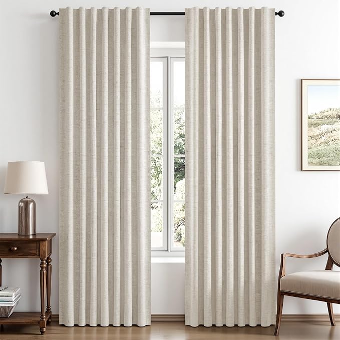MIULEE 100% Blackout Linen Curtains for Bedroom, Birch Solid Luxury Decor Thermal Insulation Room Darkening Drapes for Living Room Back Tab Rod Pocket 42 x 63 Inches, 2 Panels